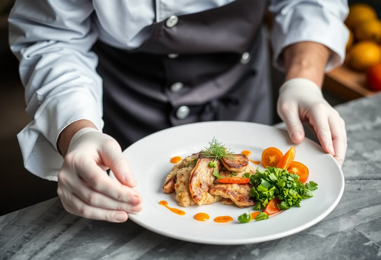 A chef meticulously plating a gourmet dish with fresh ingredients.