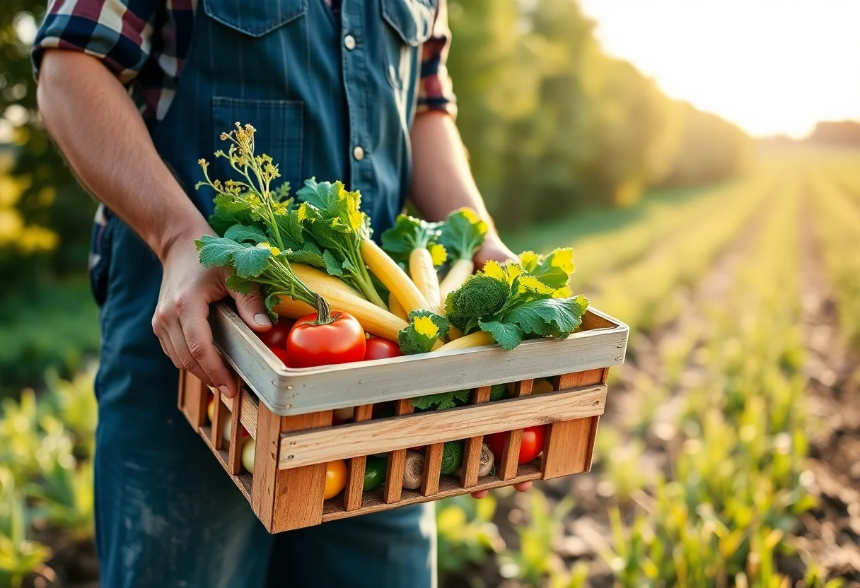 A farmer holding a crate of fresh organic vegetables in a sunlit field.