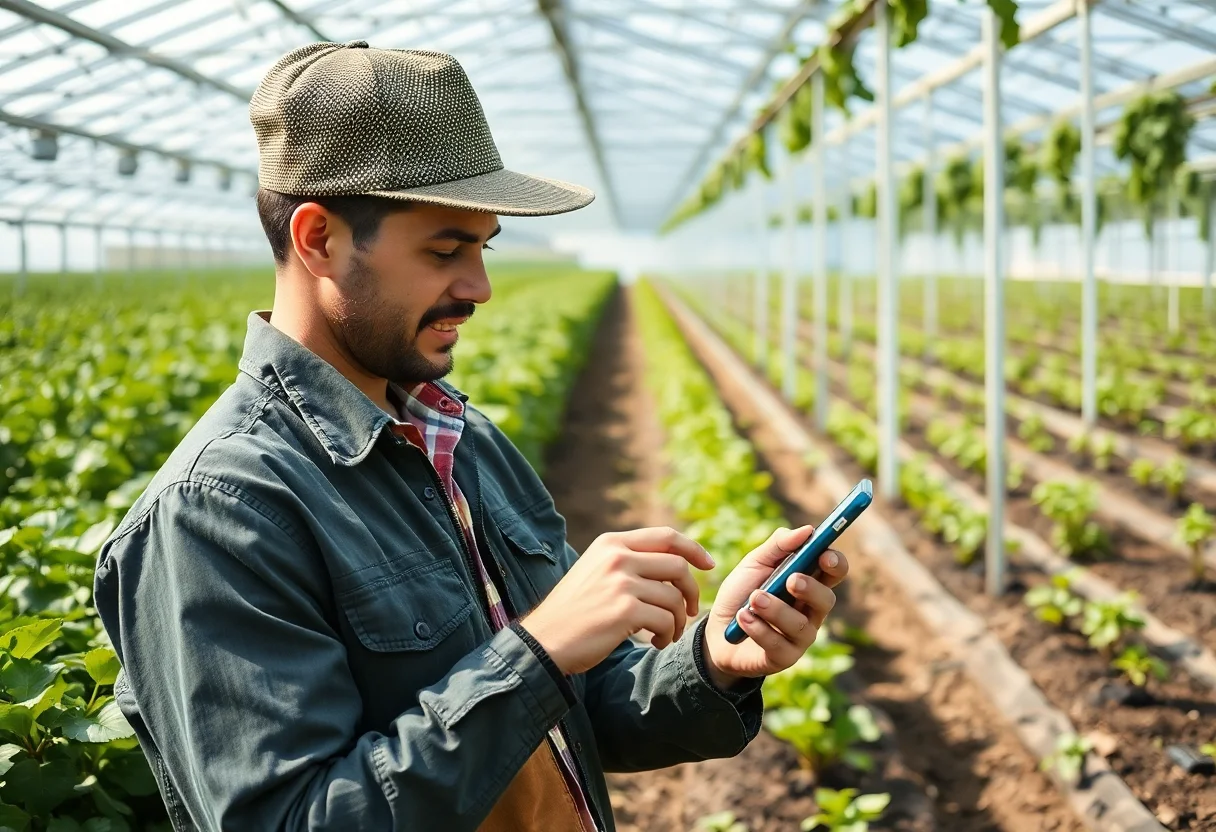 A farmer using a smartphone in a greenhouse to manage crops.