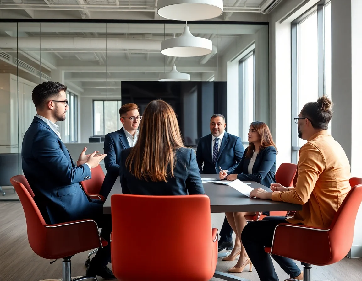 A team of professionals having a discussion in a modern, well-lit office meeting room.