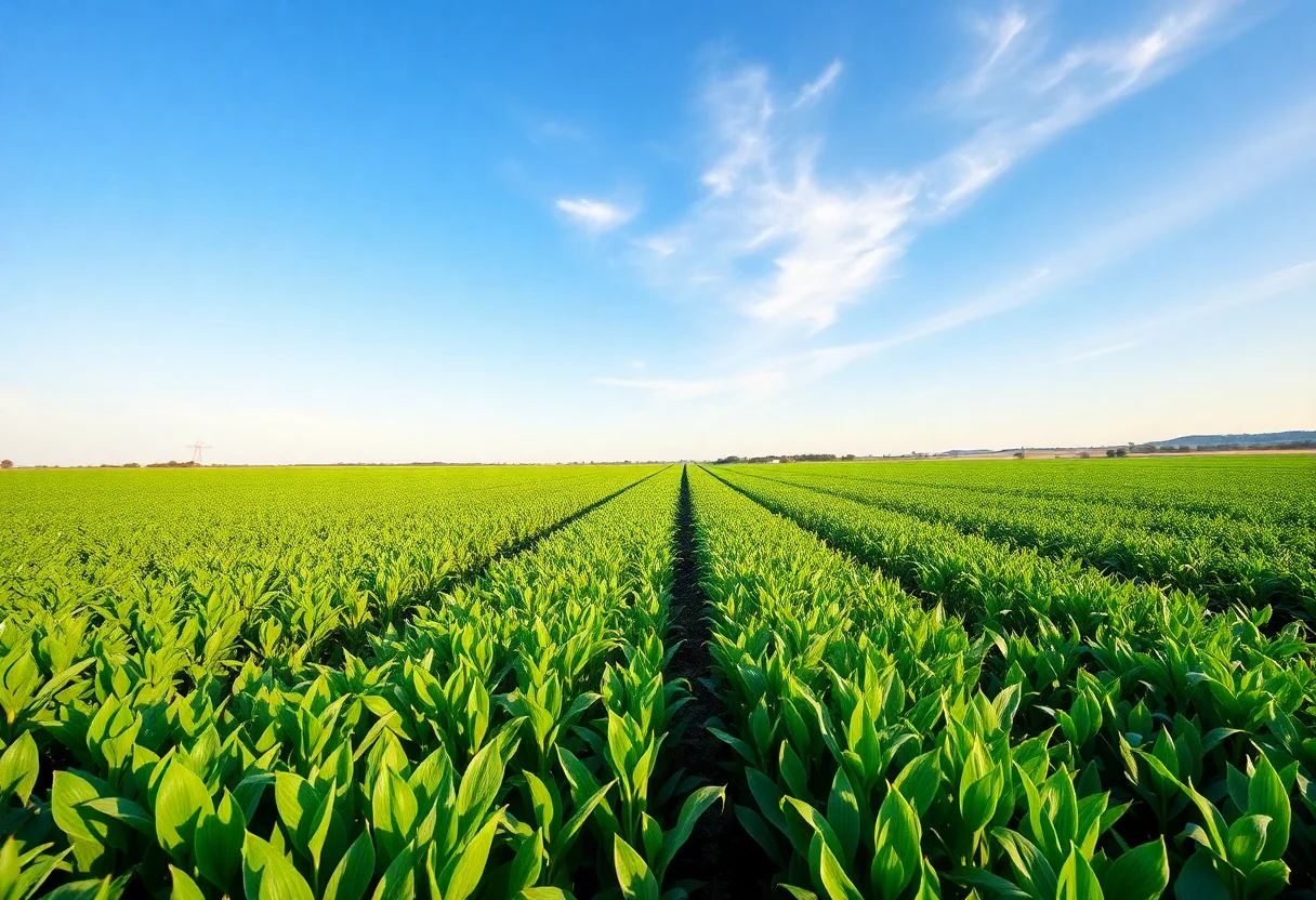 A vast green farm field under a clear blue sky, representing fresh local agriculture.