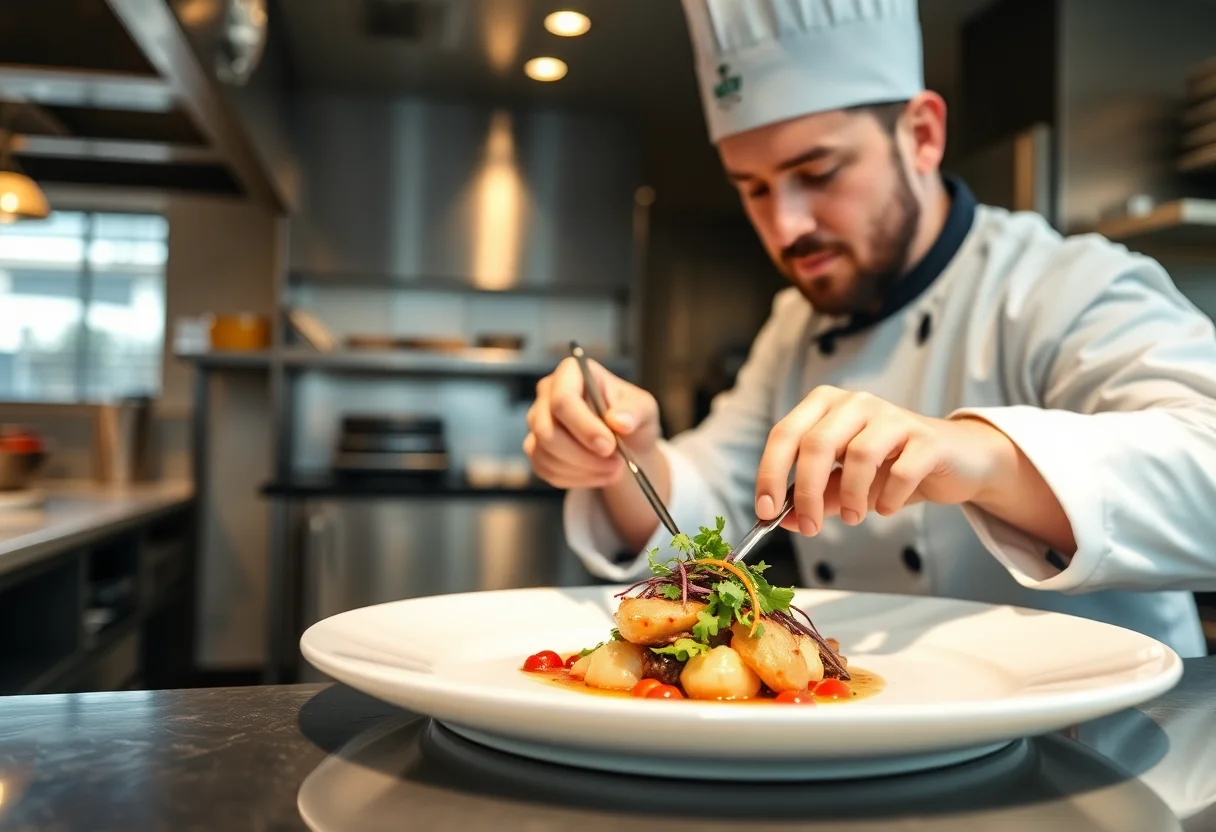 Chef carefully plating a gourmet dish in a restaurant kitchen