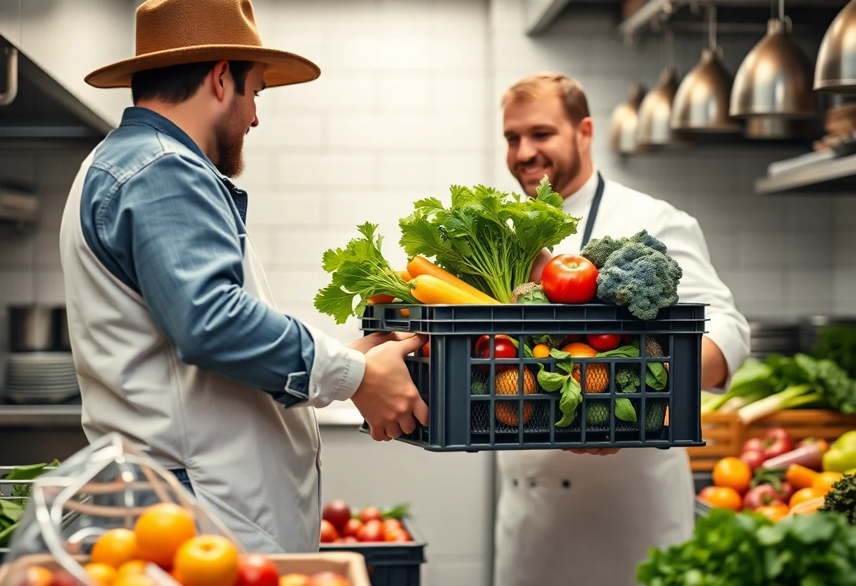 Farmer handing a crate of fresh vegetables to a chef in a restaurant kitchen.
