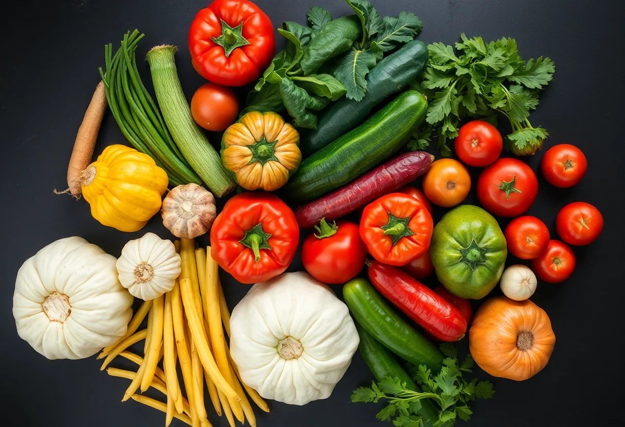 Overhead view of a variety of fresh vegetables on a dark surface